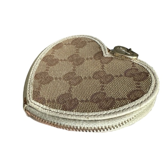 GUCCI Tan GG Monogram Canvas & White Brown Leather Heart Coin Pouch Case - Picture 8 of 12